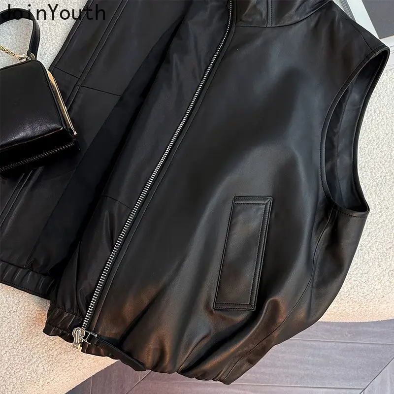 Streetwear PU Women Vest Jackets 2024 Ropa Mujer Hooded Zipper Sleeveless Casual Waistcoat Y2k Tops Fashion Korean Leather Tanks