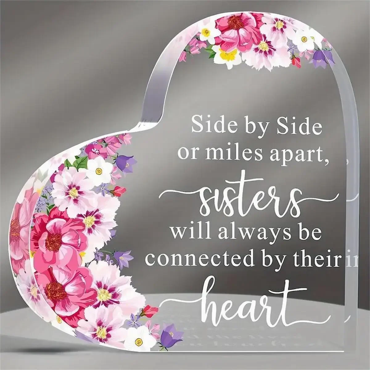 Watercolor Pink White Flowers Clear Heart Acrylic Stand Sentimental Keepsake For Sister