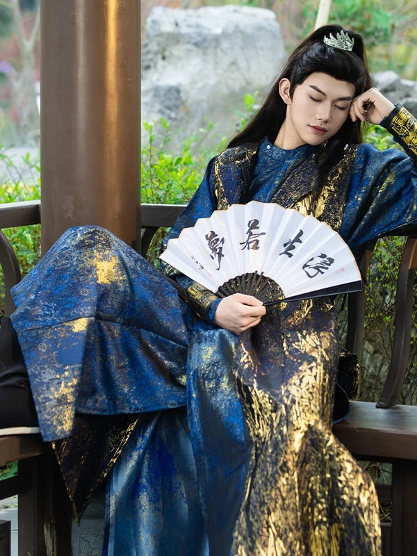 

Heavy Industry Gold Woven Hanfu Dress men's Tang Dynasty Round Neck Robe Vintage Wuxia Martial Swordsman Cosplay Tang Costume
