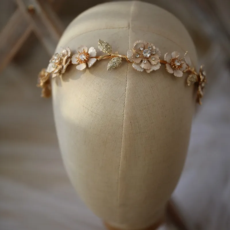 Delicate Gold Color Floral Women Crown Wedding Hair Tiara Crystal Bridal Headpiece Handmade Vintage Hairband