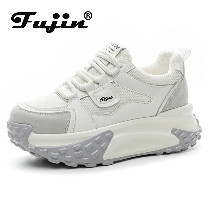 Fujin 7cm Platform Wedge Sneakers Microfiber Leather Board Vulcanized Chunky Hidden Heel Comfy Breathable Skate Block Shoes