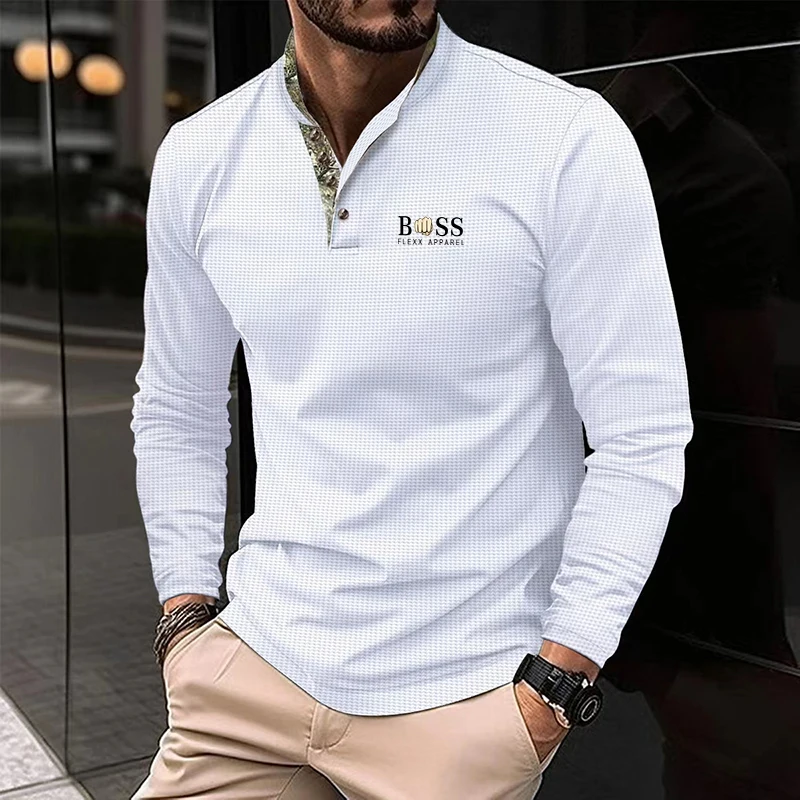 New men\'s autumn and winter leisure printed long sleeve POLO shirt High quality lapel button down T-shirt European size long sle