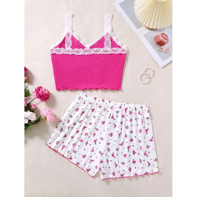 Rose-red Short Pajamas Set Summer Sleepwear TIght-fitting Top And Patterned Shorts Suit Women's Soft HouseWear Fashion Nightwear