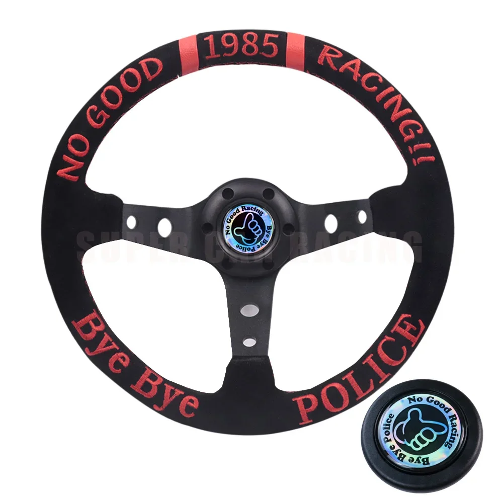 Black Suede Leather Deep Dish Drift Sport 350MM 14Inch 1985 No Good Racing Red Embroidery With Horn Button Steering Wheels