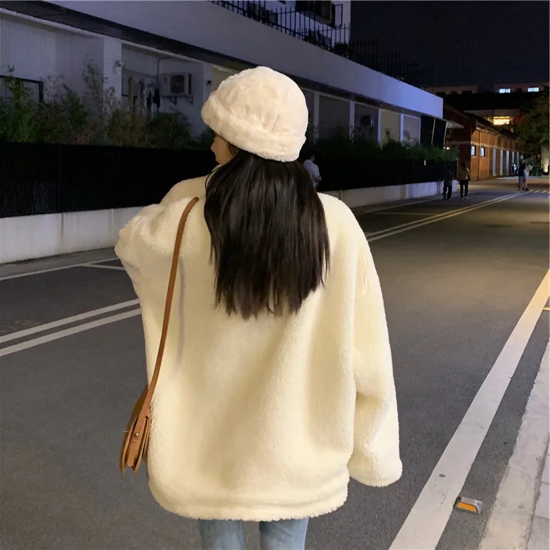 Women Winter Thicken Lamb Wool Coat Faux Fur Warm Stand Collar Outerwear Female Zipper Loose Jacket Full Sleeved Sweatshirts