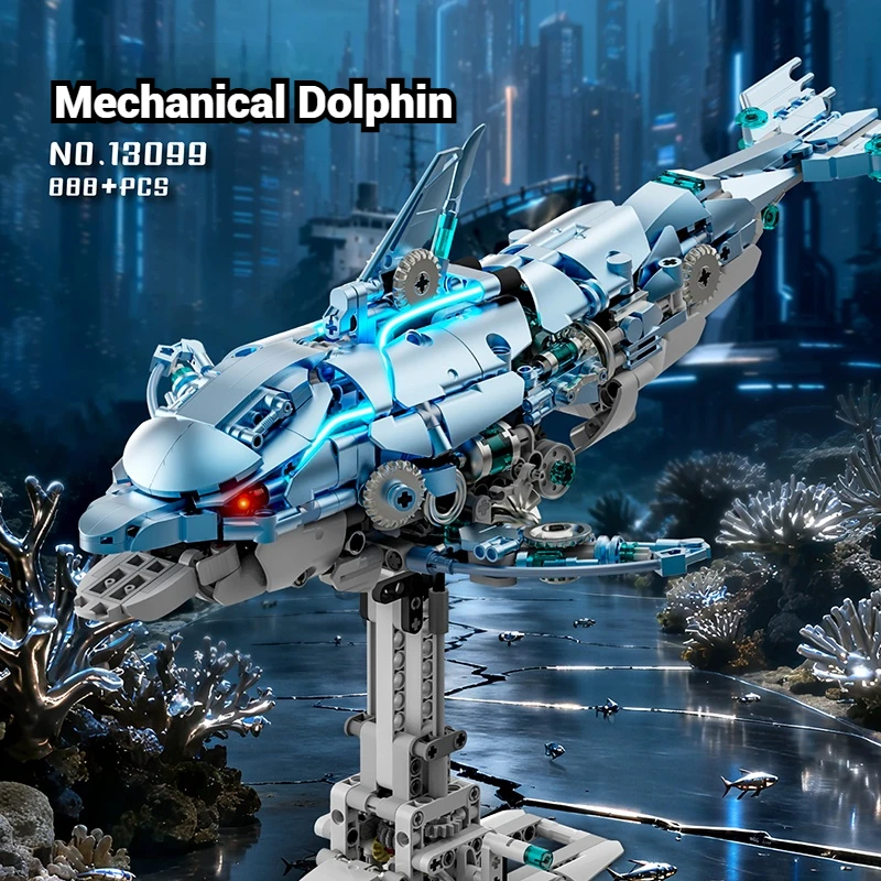888PCS Electric Mechanical Dolphin Building Blocks Fish Model Assembled Collectible Toy Ornament Children's Birthday Gift