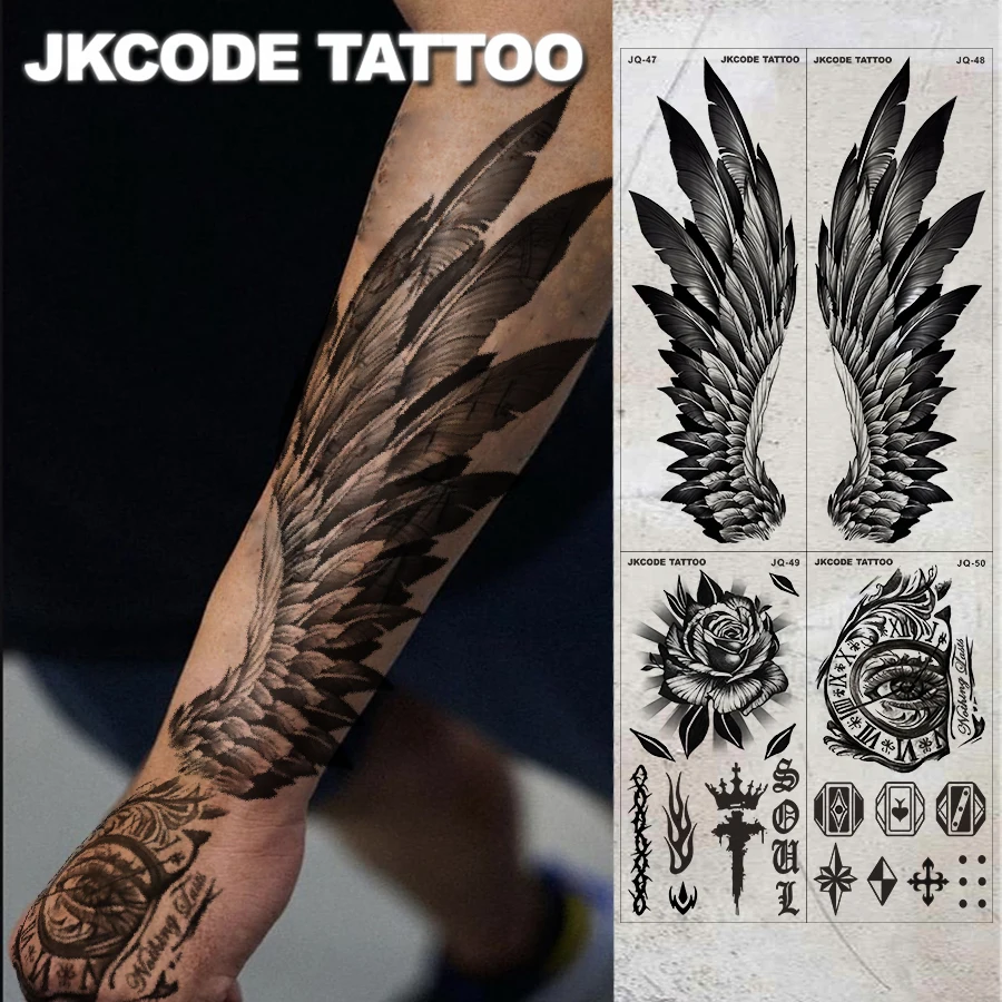 Waterproof Arm Tattoo Set - Street Graffiti Style 4-Piece Set - Large Wing Tattoo - Crown, Clock, Rose Tattoo on the Back of the Hand - Cool and Stylish Tattoos, Suitable for Hands, Fingers, Neck, Head, Lasts 3-5 Days