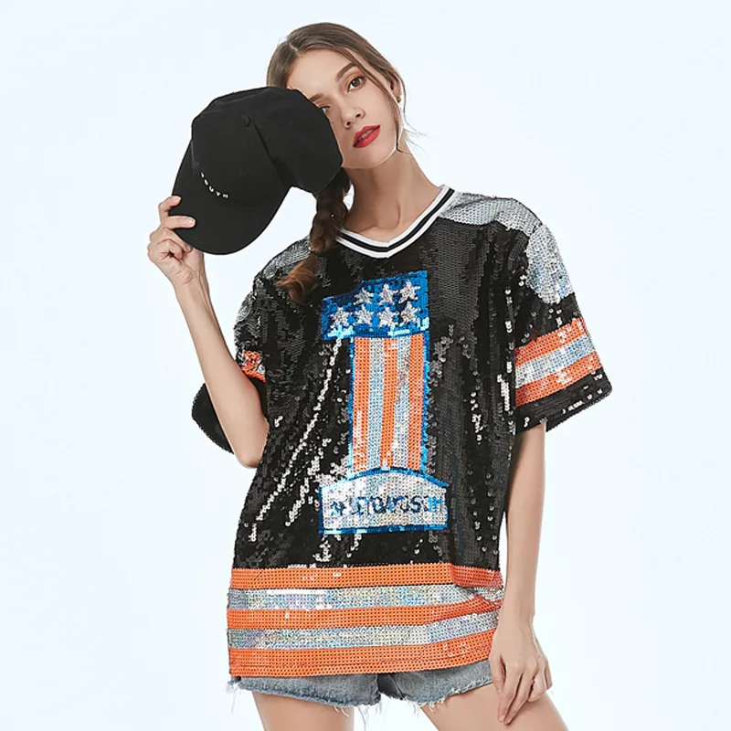 Sexy Women V-Neck Sequin T-Shirt Hip-Hop Top Dress Casual Street Hip-Hop Loose Letter Lilac Orange Long Tee pole dance suit