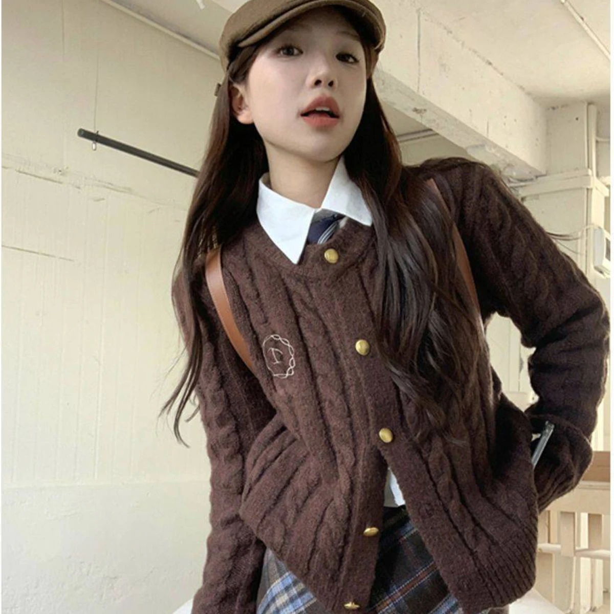 

Trendy Korean Hot Maillard Retro Twist Sweater Jacket Women Autumn Winter Y2K New College Style Single Breasted Knitted Top