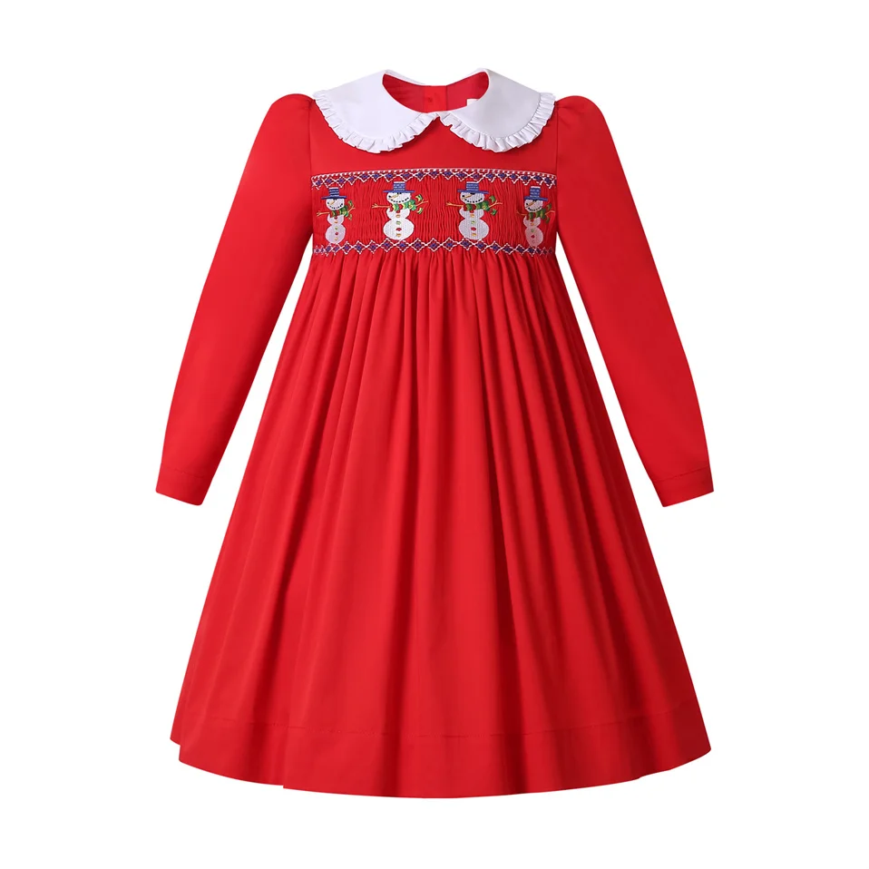 Pettigirl Autumn Red Christmas Toddler Kid Smocked Embroidery Dresses for Baby Girls Children Party and Wedding 6781012 Year Old