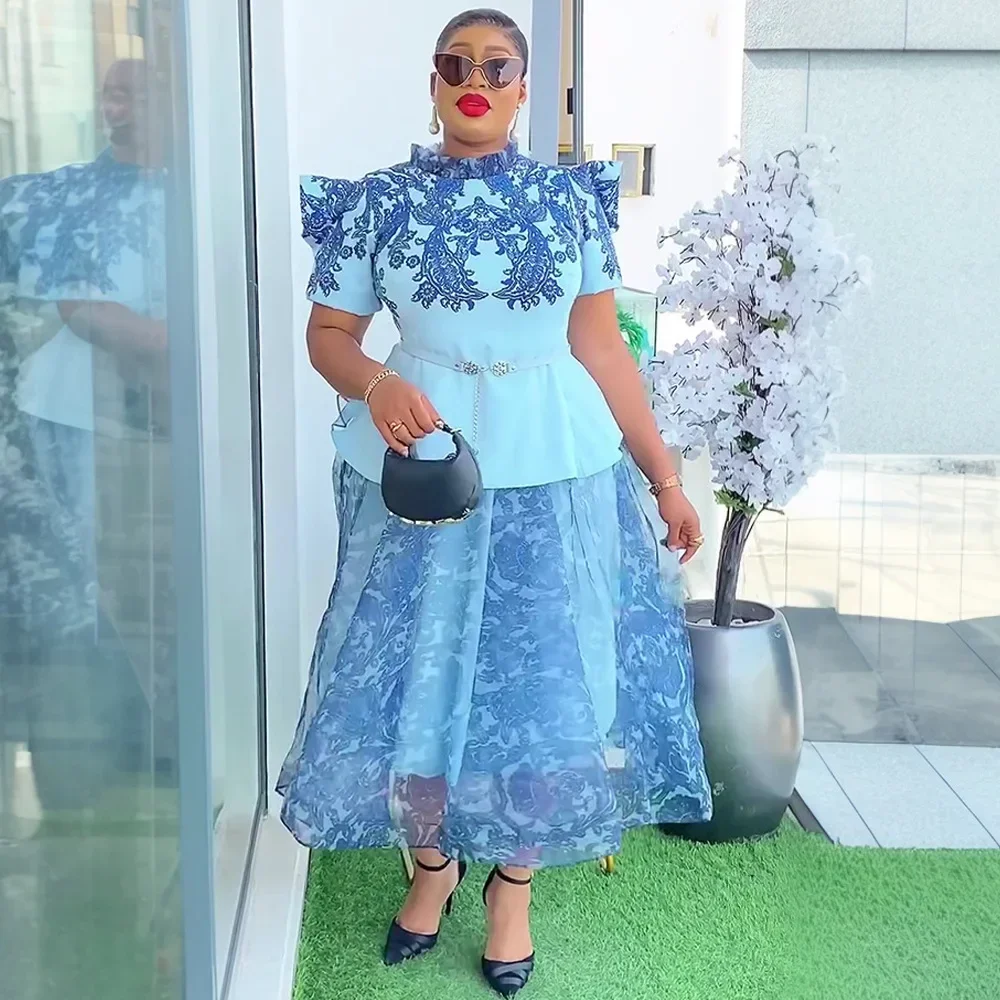 الملابس الأفريقية للنساء 2 قطعة مجموعات بلوزات وتنانير الدعاوى Dashiki أنقرة وتتسابق ثوب حجم كبير فساتين حفلات الزفاف 2025 #4