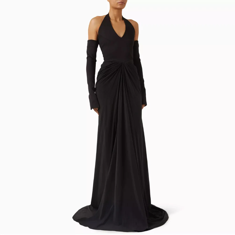 

Custom Made Black Halter Neck Evening Dress Off Shoulder Long Sleeve Formal Wedding Party Gown With Trailing Skirt