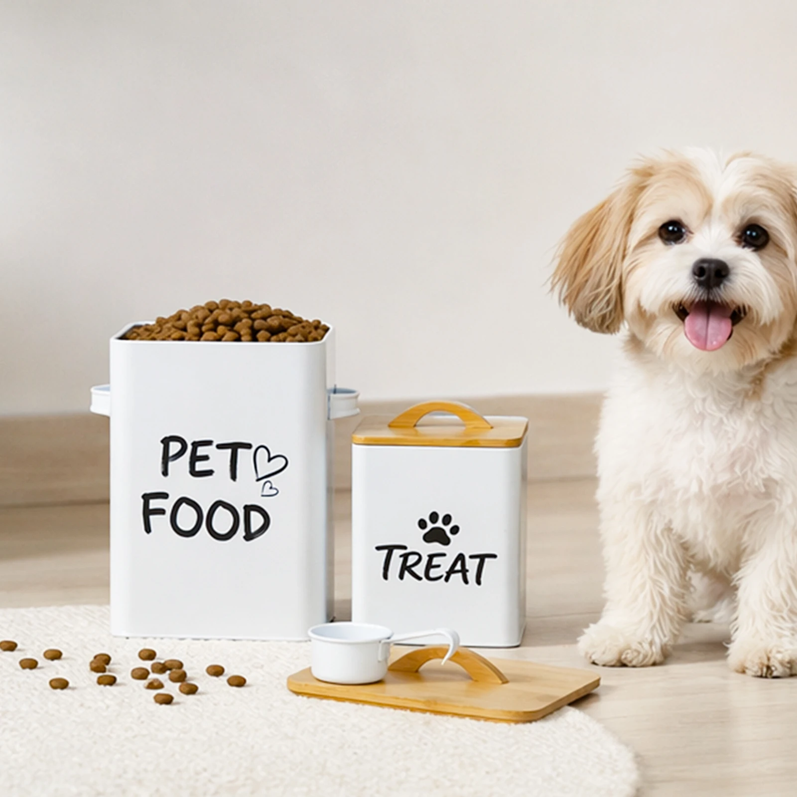 2 Cat Food Storage Jars with Bamboo Lid Farmhouse and Design Metal Pet Food Containers Kibble Storage Jars Delicate Storage Jars