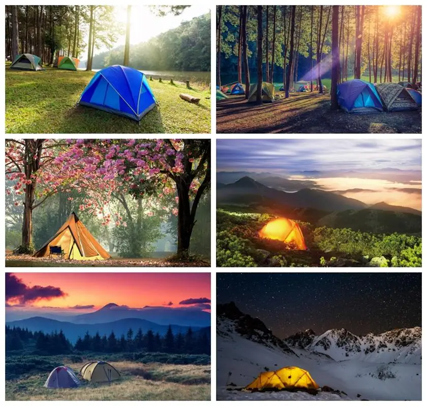 

Laeacco Spring Camp Backdrop Forest Camping Campground Canvas Tents Picnic Hiking Outdoor Travel Portrait Photography Background