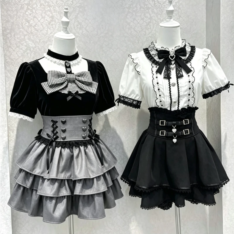 Japanese Y2K Lolita Two Piece Skirt Suit Women Sweet Slim Fit Tops High Waist Pleated Mini Skirt Korean Trendy Daily Outfit Set
