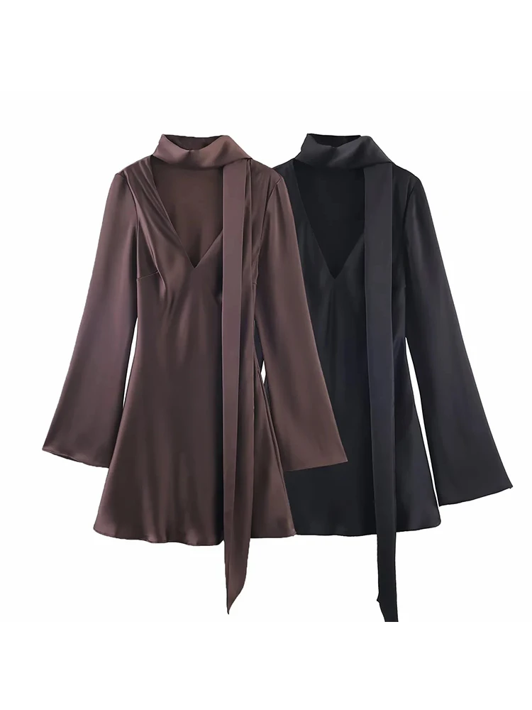 Robe en Satin de soie pour femmes, nouvelle mode, moulante, manches longues, Mini, élégante, classique, taille haute, robe féminine