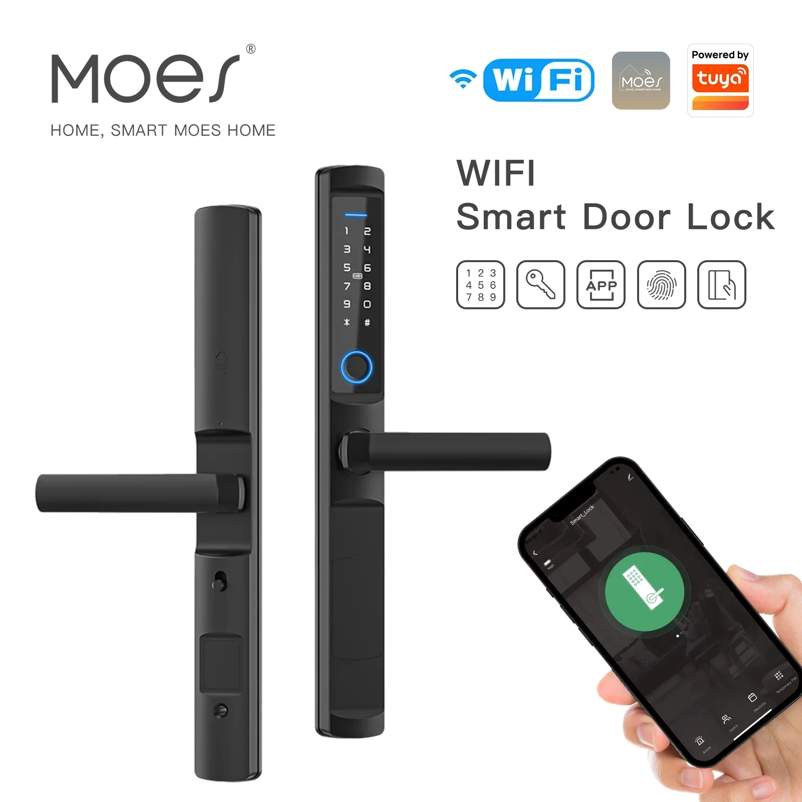 

MOES Waterproof Tuya Wifi Smart Narrow Side Fingerprint Password Card Aluminum Door Lock For Aluminum Glass Push Pull Door