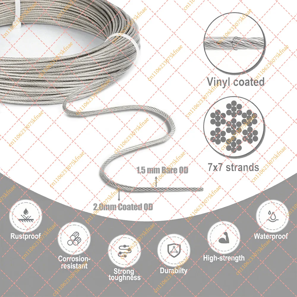 2mm PVC Coated Stainless Steel Wire Rope Kit 30/50M Outdoor DIY Cable Clothesline Sunshade Garden Fence Camping Tension Rope