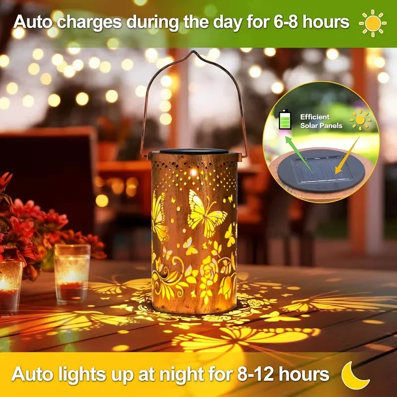Solar Powered Butterfly LED Lantern Outdoor Hanging Light with On/Off Switch Metal Decorative Lights for Garden Yard Porch Lawn