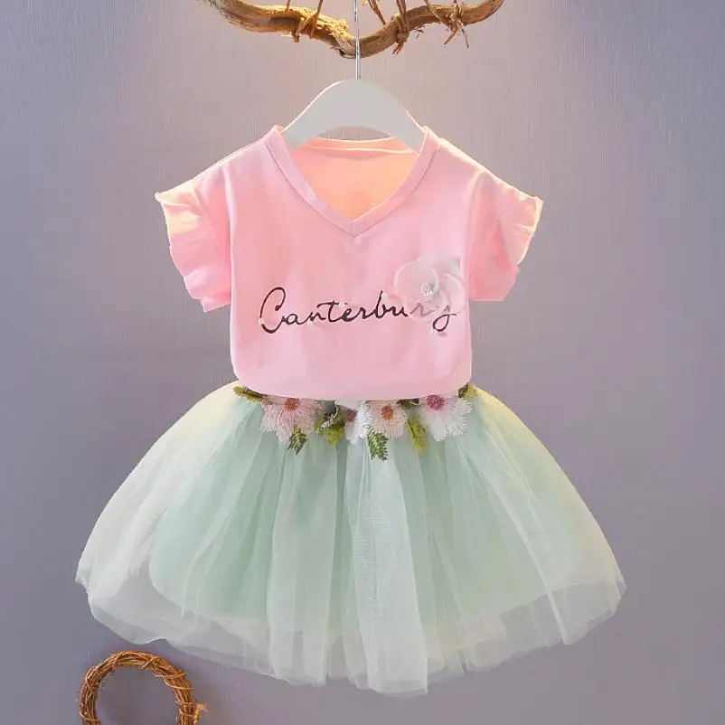 Fashion Kids Clothing Sets Summer Baby Girls Clothes Flower Printing T-shirt + Skirt Suit 2Pcs Kids Clothes letter Girls Suit image 3