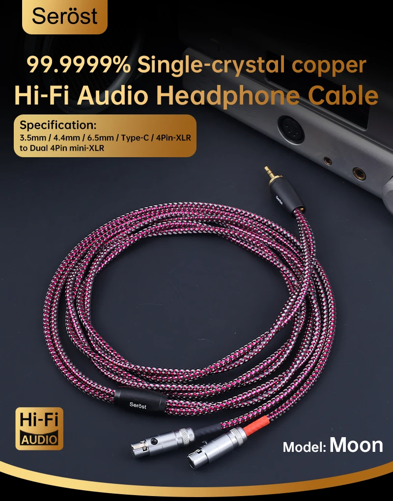 Serost Moon HIFI Audio-Kopfhörerkabel mit zwei Mini-4-Pin-XLR-Buchsen und Optionen für Typ-C, 3,5 mm, 4,4 mm, 6,5 mm, 4-Pin-XLR-Stecker. – Detail 2