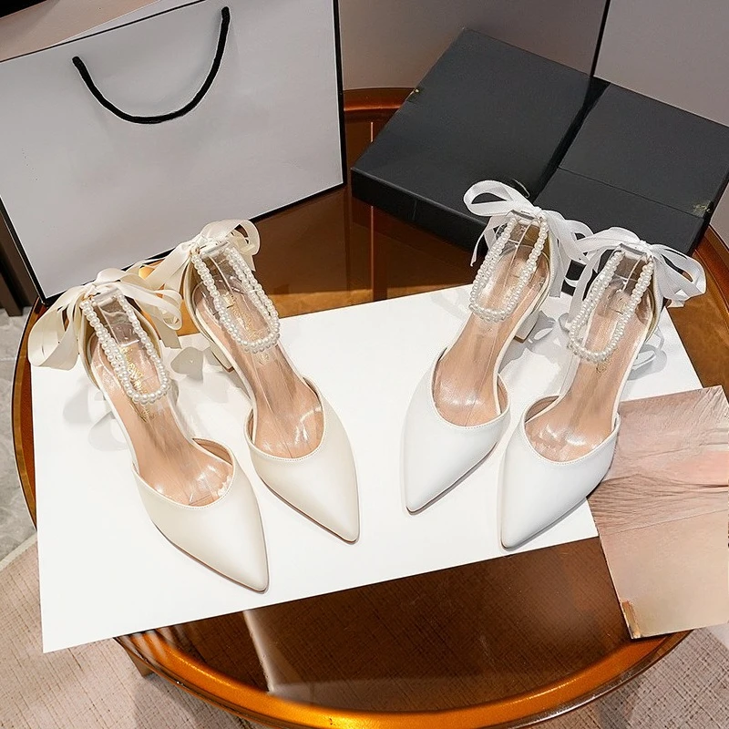 

Elegant Women White Wedding Shoes Pointed Toe Chunky Heel Pearl Ribbon Bridal Party Shoes