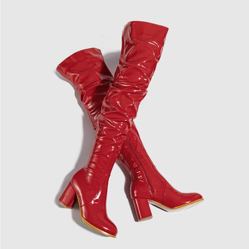 Large Size Black Red Long Tube Shoes Women Autumn Pleated Thick High Heels Over The Knee Boots Woman Patent Leather High Boots