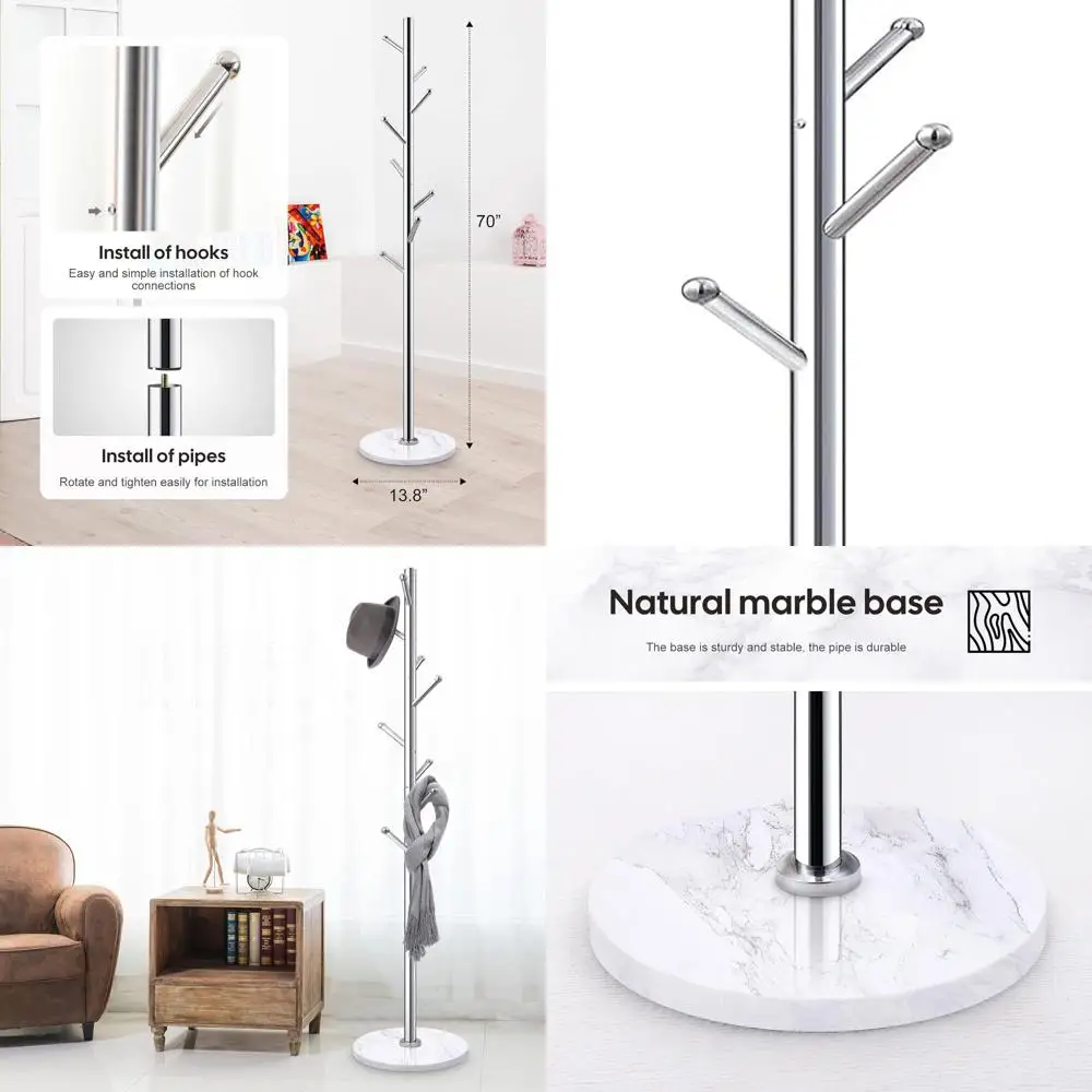 

Stainless Steel Coat Rack with 8 Hooks, Natural Marble Base, Freestanding Hall Tree for Jackets, Hats, and Bags (Silver)