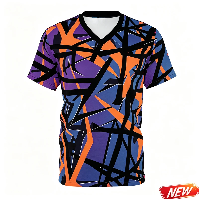 Trendy Line Graffiti Graphic T-Shirt Men 3d Printed Abstract Colorful V-Neck T Shirt Summer Harajuku Fashion Short Sleeve Top