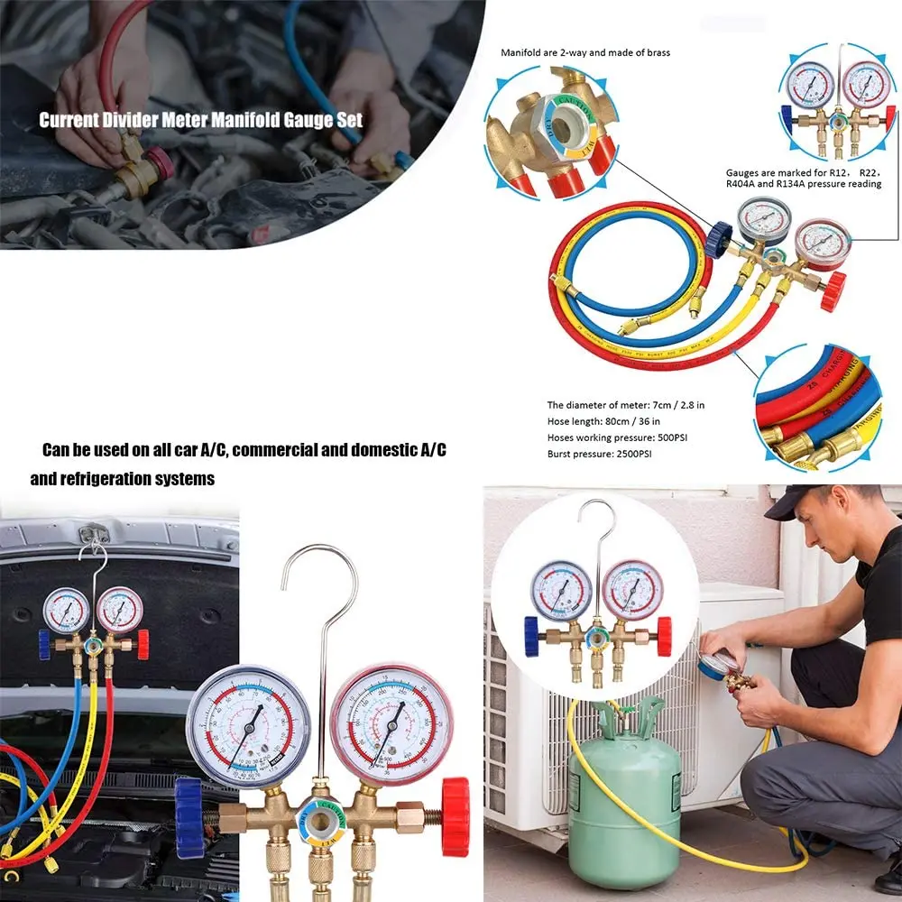 Air Conditioning Pressure Gauge  with Hose and Hook 3 Way AC Diagnostic Manifold Gauge Set for Freon For R12 R22 R404A  R134a