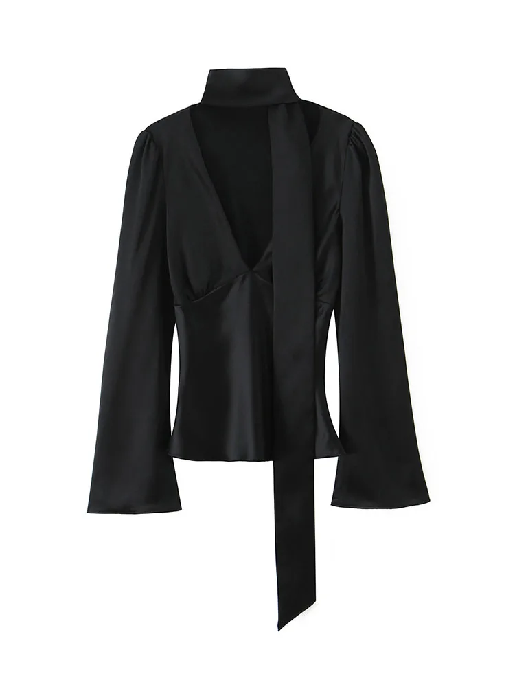 

HH Women Fashion Sexy V-Neck ZipperShort Top Black Scarf Decoration Long Sleeves Slim Blouse Female Street Style Casual Shirt