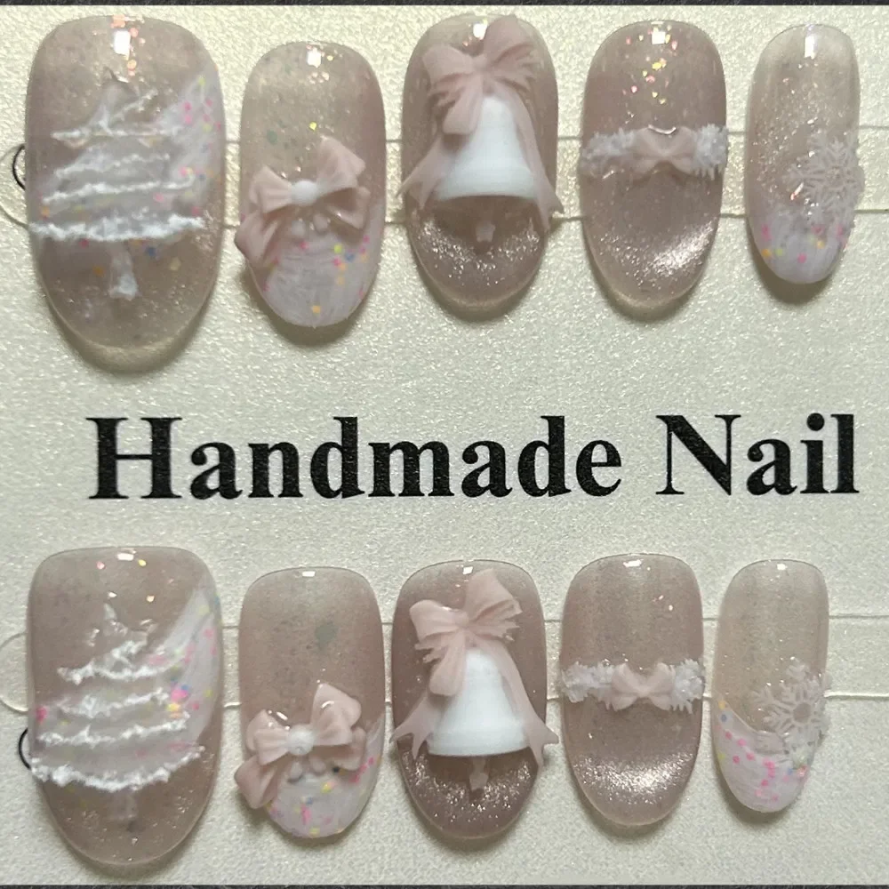 

10 Pieces 3D Christmas Tree Bells Bows Handmade Press On Nails Cute Christmas Pink Cat Eye Glitter Fake Nails Removable Reusable