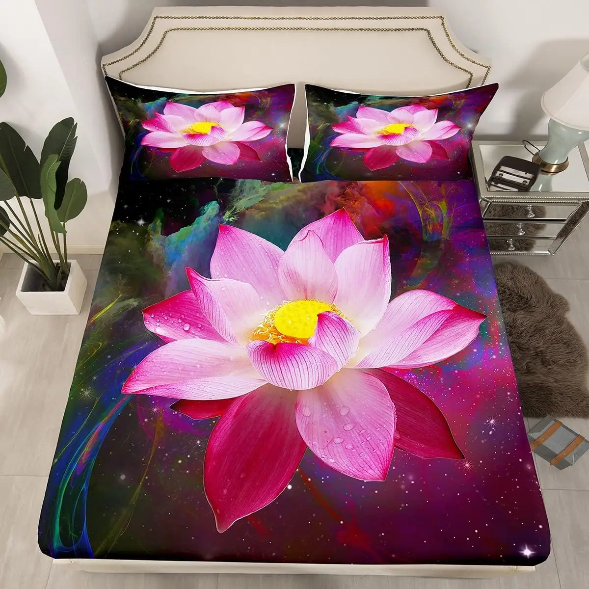 Chic Lotus Fitted Sheet,Garden Nature Floral Bed Sheet Set Botanical Plants Flower Bed Cover Twin Queen Size for Women Girls