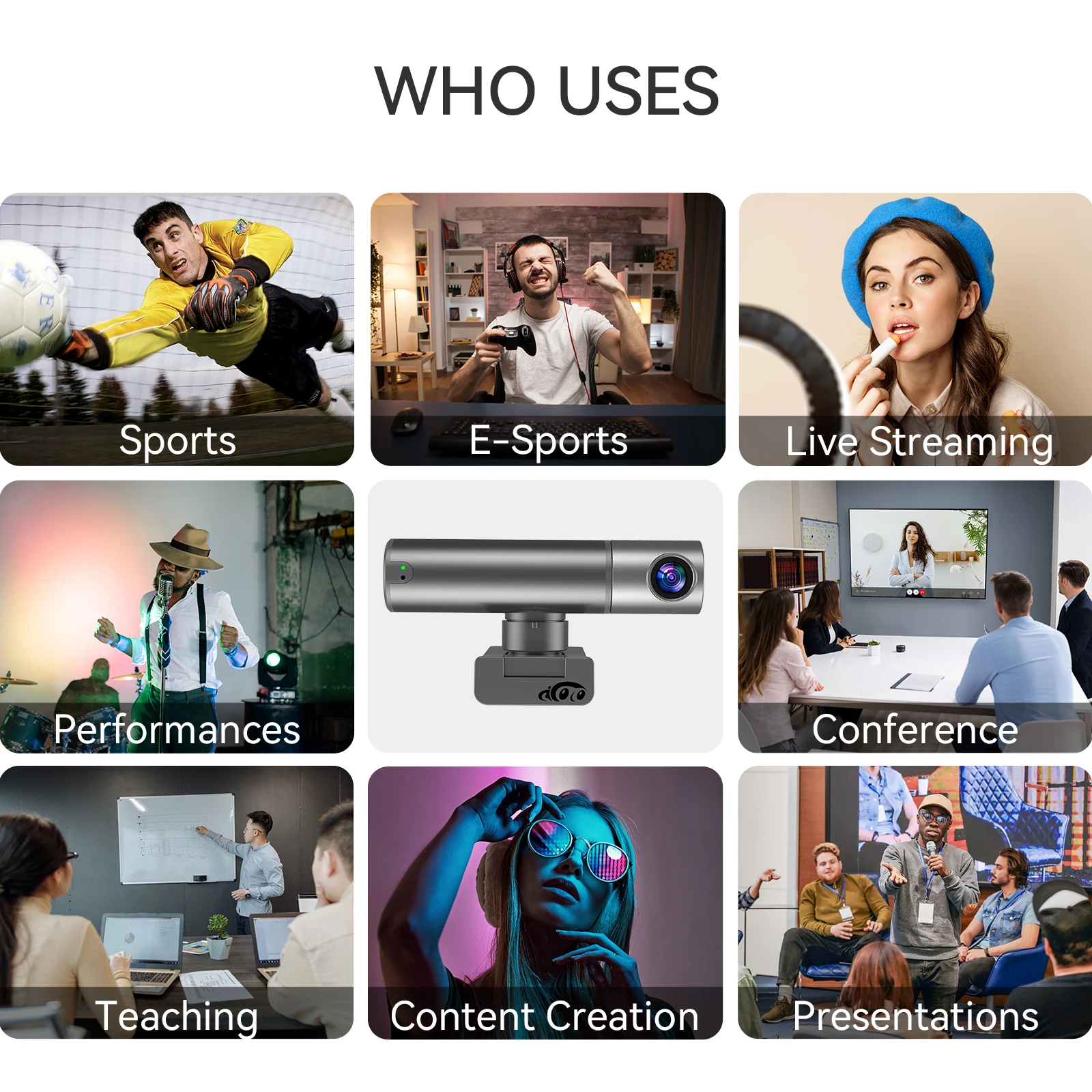 AICOCO-Streamcam inteligente ao vivo, 2K, microfone embutido, grande angular, 25FPS, HD, rastreamento automático AI, câmera de webcam com controle de gestos
