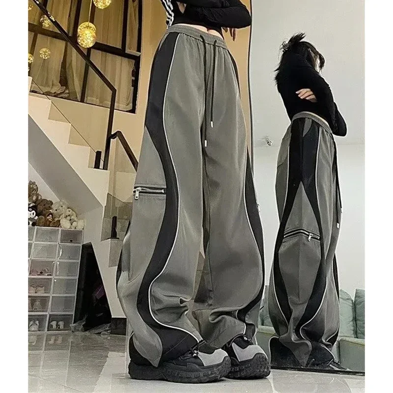 Patchwork Cargo Pants Women American Loose Hip Hop Casual Fall Winter Lines Wide-Leg Pants High-Waisted Fashion Zipper Trousers