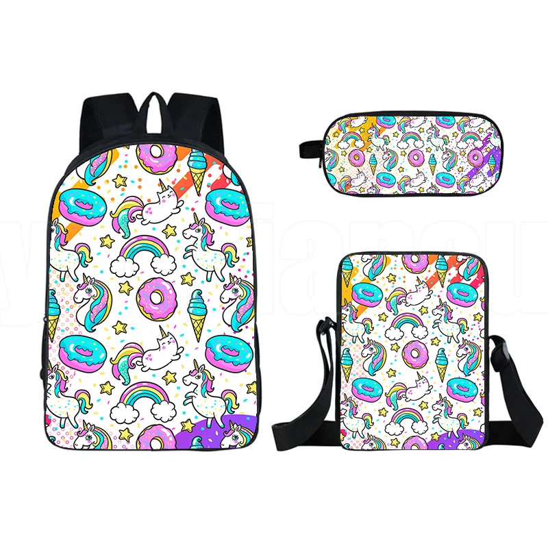 Cartoon arco-íris rosa Unicórnio Mochila, 3D Print School Student Bookbag, mochila para laptop, bolsa de ombro, estojo, novidade, 3pcs por conjunto