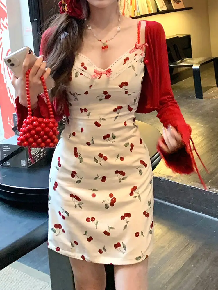 

Spicy Printed Cherry Sheath Wrap Hip Camisole Dress Women Elegant Red Cardigan Summer Sweet Waisted Slim Two Pieces Set
