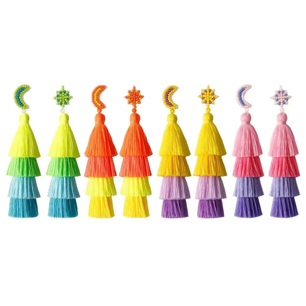 Bohemian Colorful Fringe Tassel Earrings For Women Rainbow Layered Long Drop Dangle Earrings Handmade Braid Party Jewelry