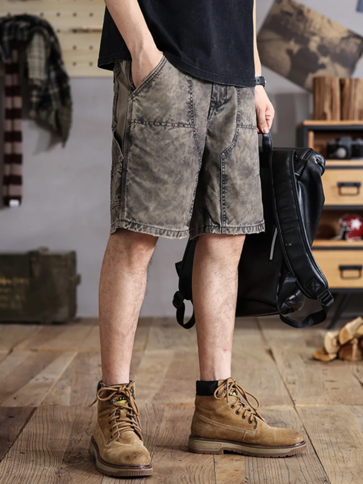 

Summer New Men's Denim orts Trendy American Loose Straight Five-Quarter Ankle-Length Tie-Dye Workwear Mid-Waist Cotton Stre...