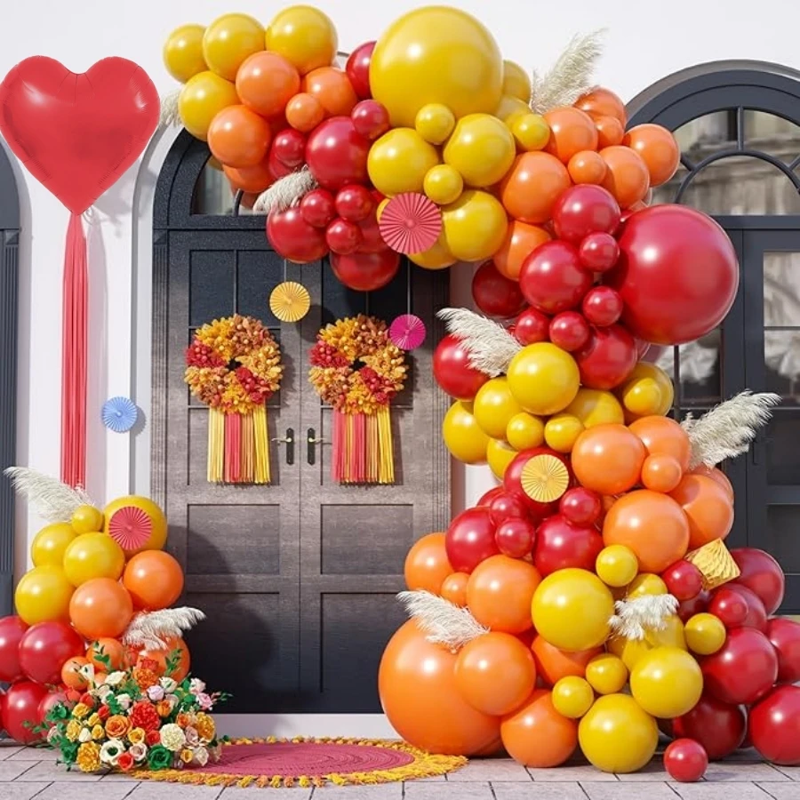 96 Pieces Set of Wedding Theme Balloon Garland Arch Set Red, Yellow and Orange Latex Party Balloon Birthday Party Romantic Wedding Decoration