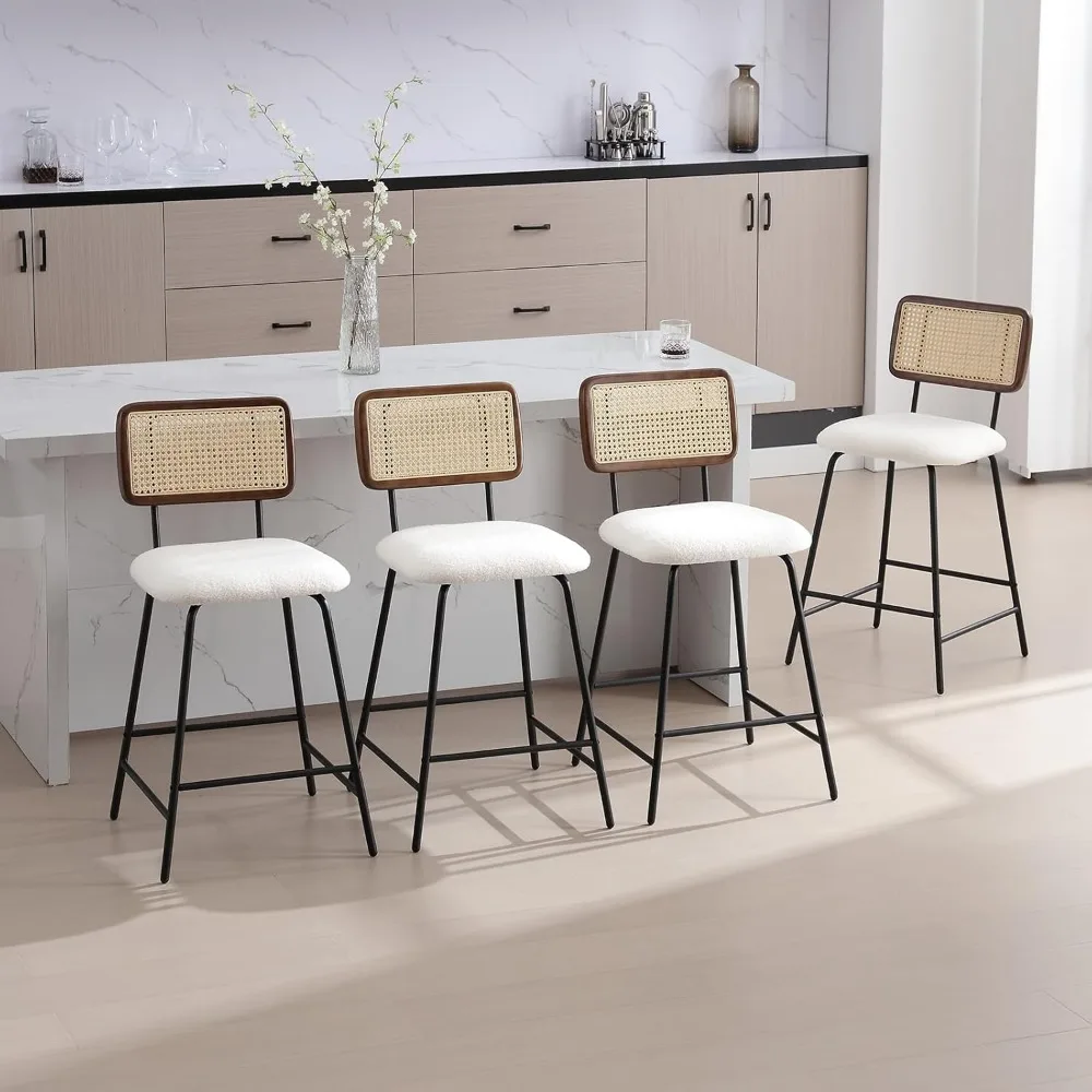 

Bar Stools Set of 4, 26'' Boucle Counter Stools with Cane Back, Modern Counter Stools, Bar Stools