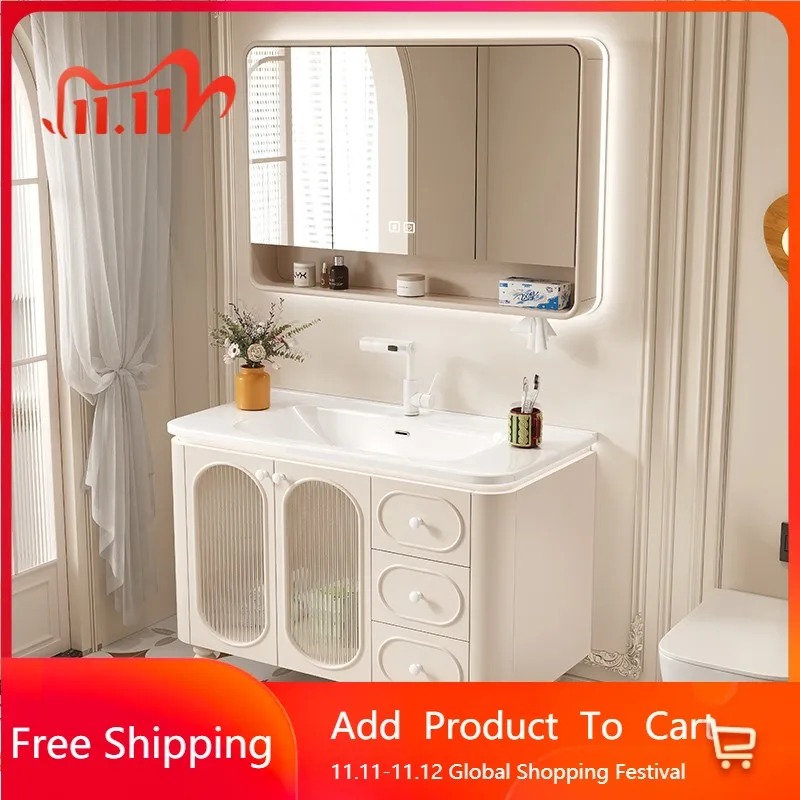 

Aesthetic Minimalist White Bathroom Cabinets Ceramic Integrated Basin Solid Wood Vanity Cabinet Display Gabinete Hotel Furniture