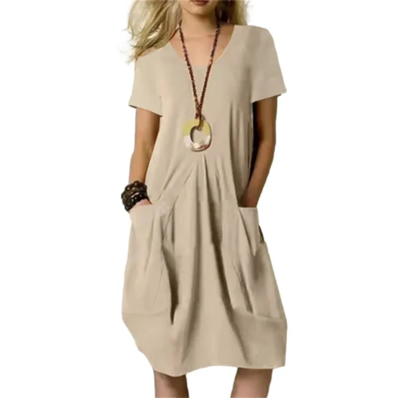 Women Solid Color Cotton Linen Loose Dresses Summer O Neck Pullover Short Sleeve Dress Female Daily Comfortable Casual Midi Gown