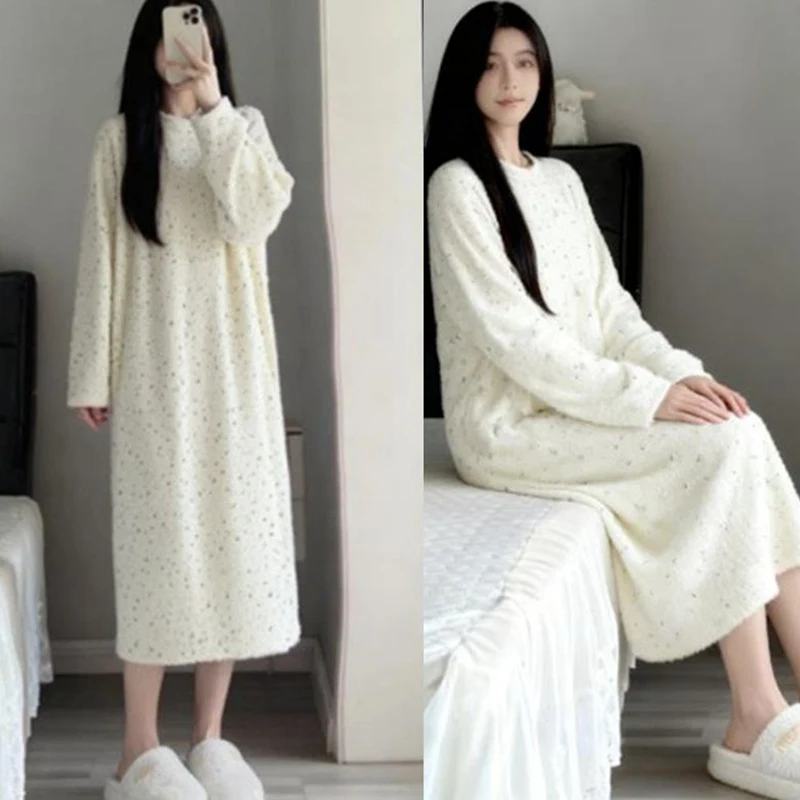 Baju Tidur Wanita Musim Dingin 2025 Lengan Panjang Tebal Hangat Bahan Flanel Korea Lucu Beludru Karang Pakaian Tidur Gaun Tidur Nighty