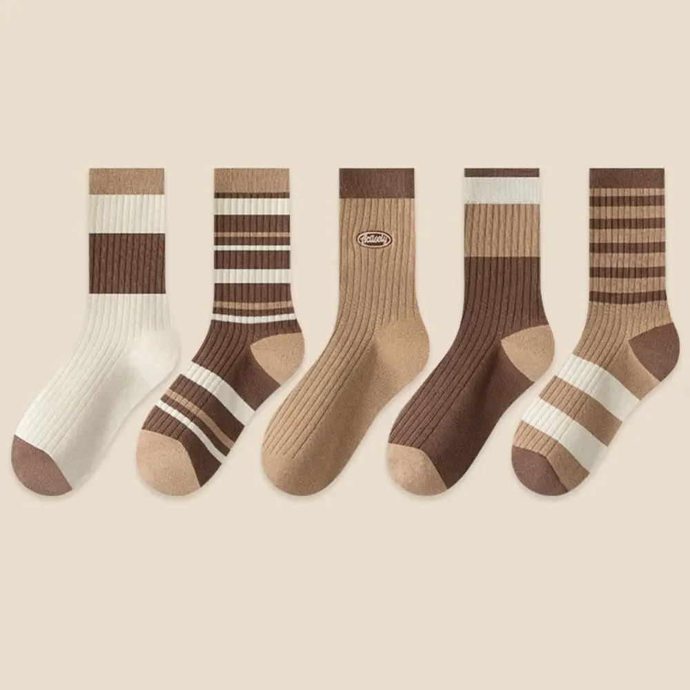 5Pairs College Style Retro Women's Cotton Socks Breathable Soft Stripe Tube Socks Thin Hosiery Mid-calf Socks for Four Seasons