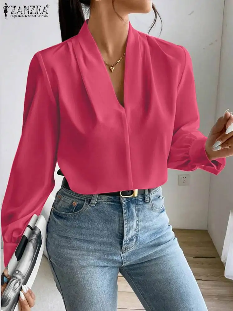 ZANZEA Women Office Elegant Wrap Blouses Fashion Top Tunic 2023 Autumn V-neck Long Sleeve Vintage Shirts Pleats Blusas Oversized