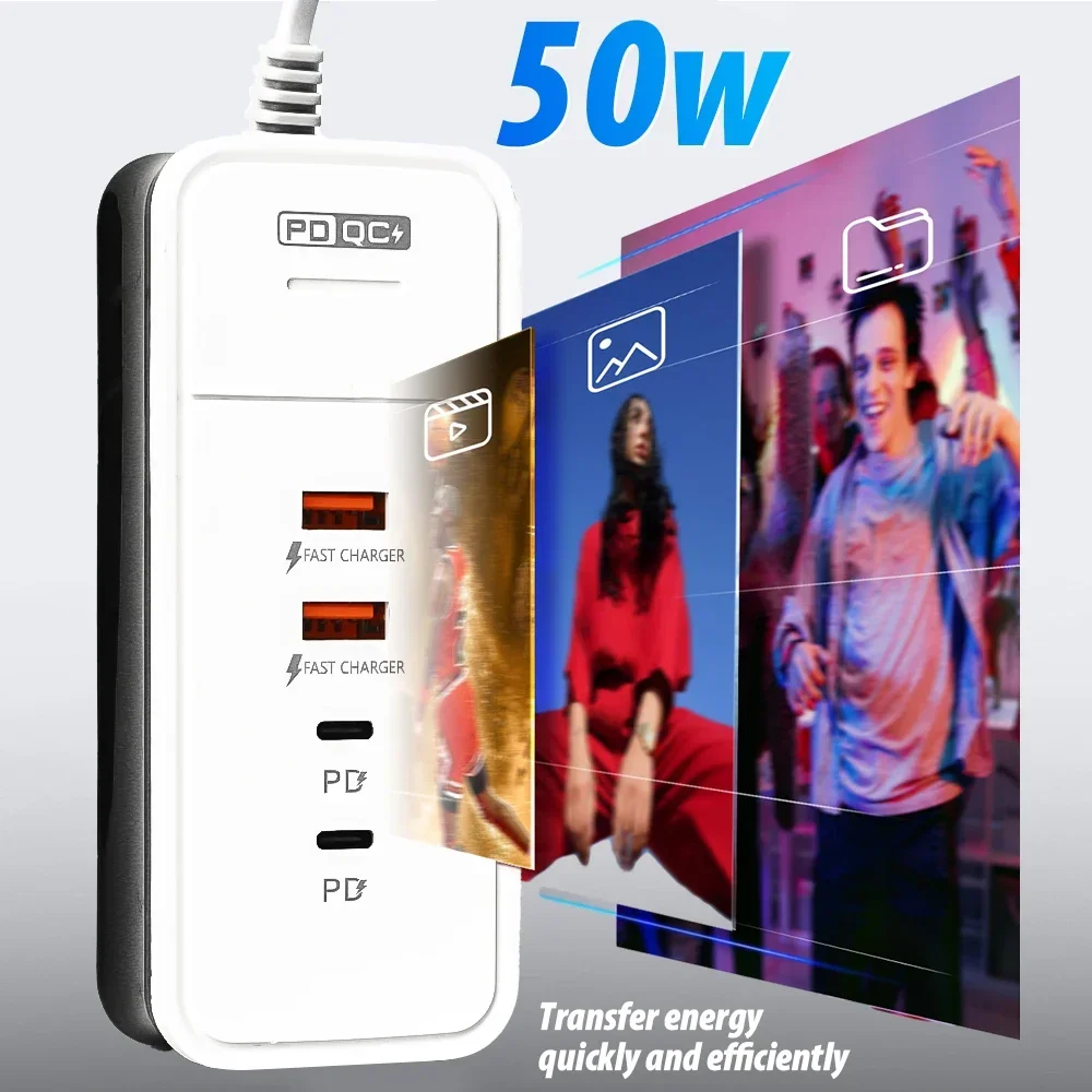 50W Multiple 4 Port USB Charger QC 3.0 PD Fast Charging Wall Charger for Mi Samsung iPad Mobile Phone US EU Travel Power Adapter