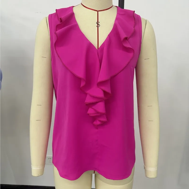 Elegante Roze Rode Trui Top 2024 Zomer Mode Veelzijdige Nieuwe Effen Kleur Kant V-hals Mouwloos Dames Oranje Shirt Tops