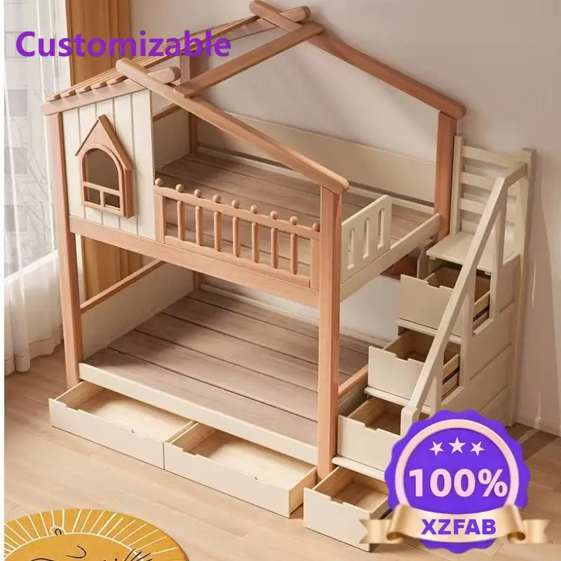 Factory Direct 2026 Solid Wood Kids Loft Bed with Closet Creamy Aesthetic High Sleeper Space Saving Storage Bed Frame for Childr
