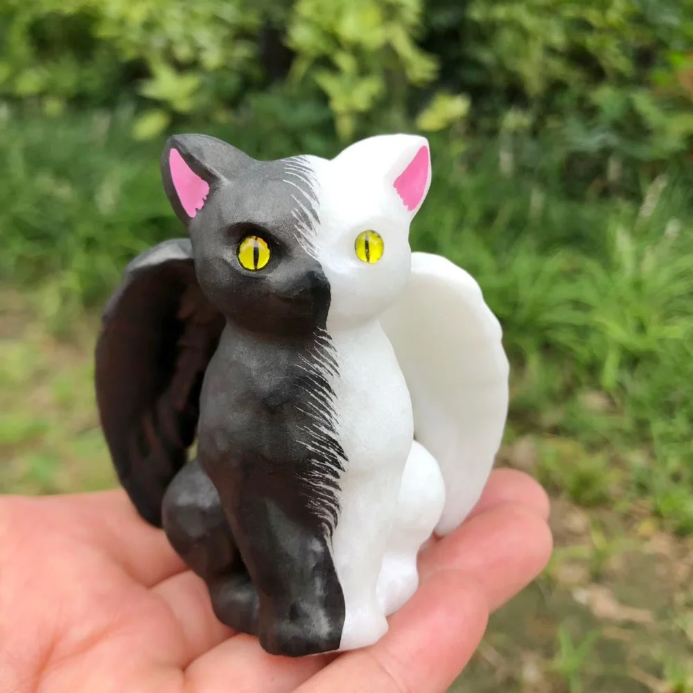 Two Tone Black White Jade Winged Cat Figurine Natural Stone Angel Demon Cat Carving Fantasy Crystal Desktop Decor Craft Gift